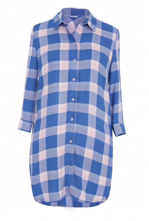 Długa koszula-tunika w pudrowo-niebieską kratę - SHEILA