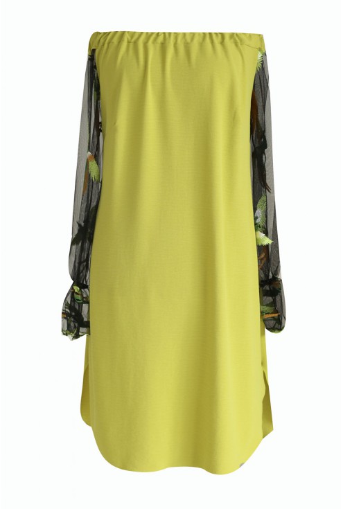 Limonkowa sukienka hiszpanka w ptaki - MIRELLA
