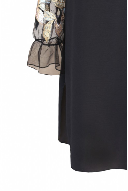 Czarna sukienka hiszpanka z cekinami - wzór w liście - MIRELLA - detal