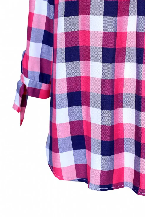 Różowo-biała bluzka hiszpanka w kratke - CARLOTTA - detal
