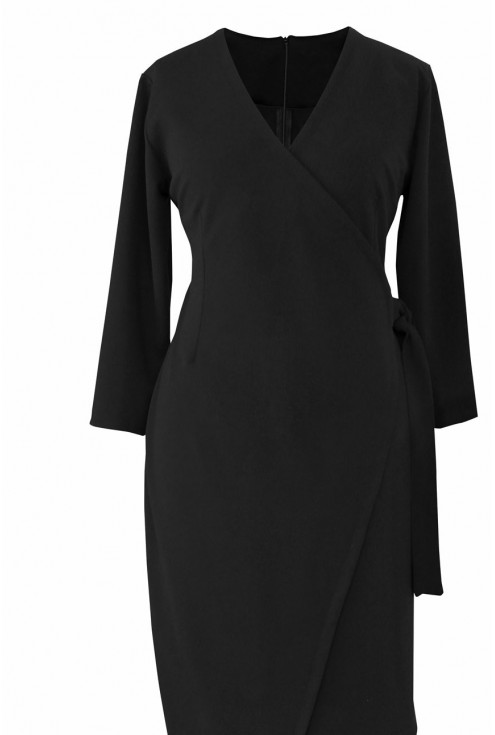 Czarna sukienka z kopertowym dekoltem i wiązaniem w talii - CARLY