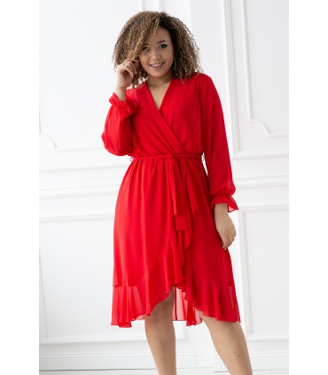 Czerwona sukienka z dekoltem V i wiązaniem w pasie - RUBEN