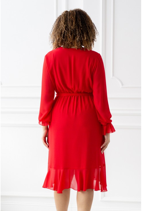 Czerwona sukienka z dekoltem V i wiązaniem w pasie - RUBEN