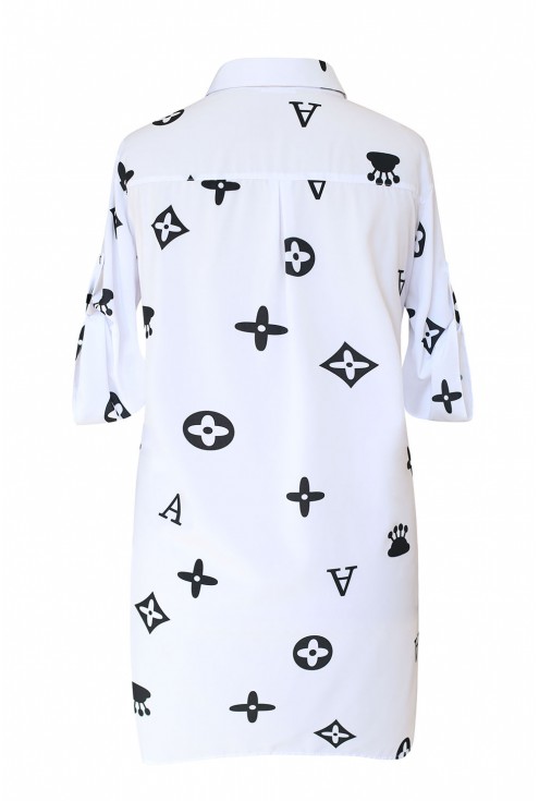 Biała tuniko - koszula plus size modnym wzorem krótki rękaw - SUSANNY