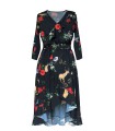 Czarna sukienka z kwiatowym wzorem i wiązaniem w pasie - LILIANE