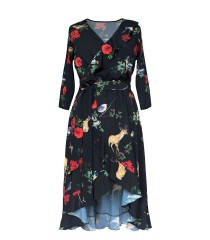 Czarna sukienka z kwiatowym wzorem i wiązaniem w pasie - LILIANE