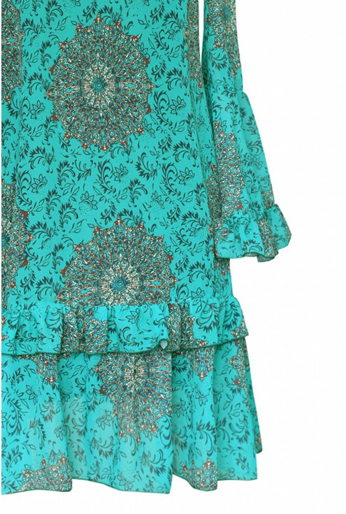 Zwiewna sukienka hiszpanka z falbanami - KLARA - zielona w orientalne dmuchawce