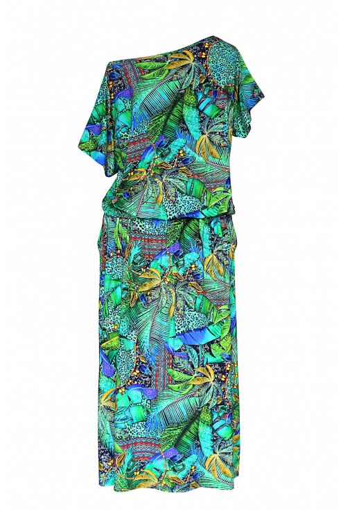 Zielona sukienka 7/8 z roślinnym wzorem - GRAND PRINT