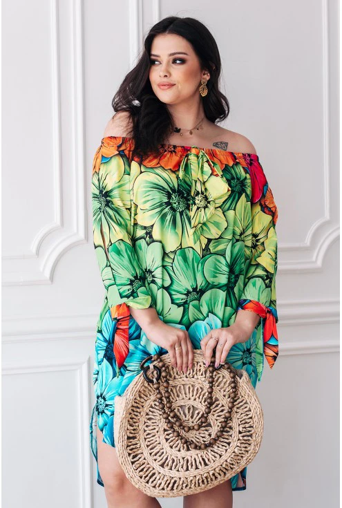 wakacyjna sukienka hiszpanka kolorowe kwiaty wiązania przy rękawach xxl