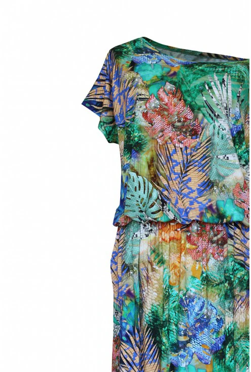 Kolorowa sukienka 7/8 z wzorem w liście  - Grand Print
