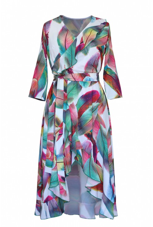 Asymetryczna sukienka plus size z falbanką kolorowe pióra - LILIANE