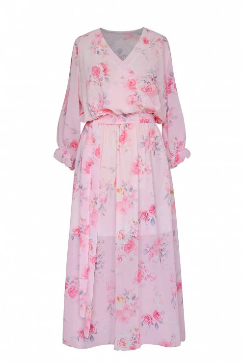 pudrowo różowa sukienka maxi