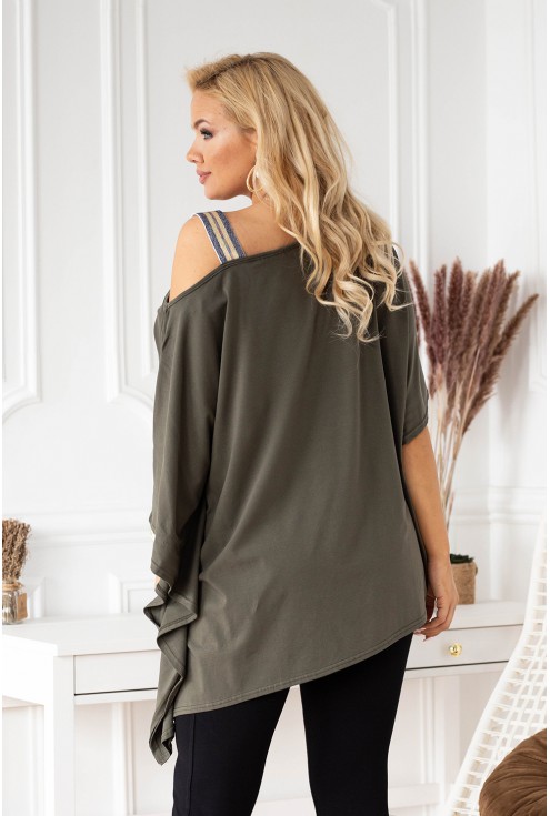 Bluzka oversize w kolorze khaki z ozdobną taśmą - METRIA