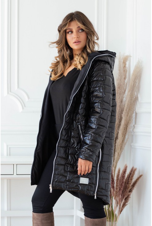 czarna długa pikowana kurtka plus size