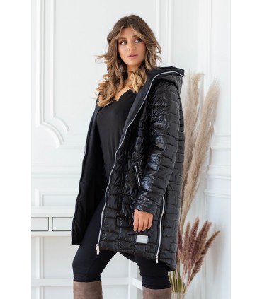Czarna długa jesienna kurtka pikowana z kapturem - Scarlett 2XL-5XL