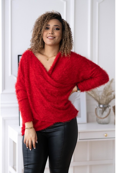 czerwony sweter z kopertowym dekoltem xxl