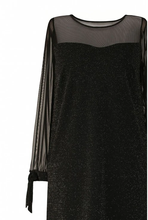 Czarna błyszcząca sukienka z wiązaniem na rękawie plus size
