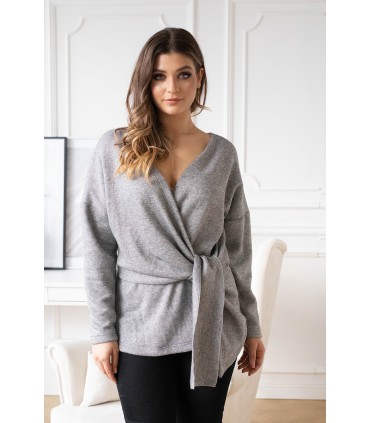 Szary sweter z kopertowym dekoltem ze srebrną nitką - KEIRA