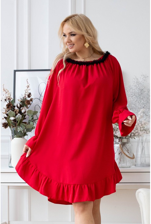 Czerwona sukienka hiszpanka z czarną falbanką
