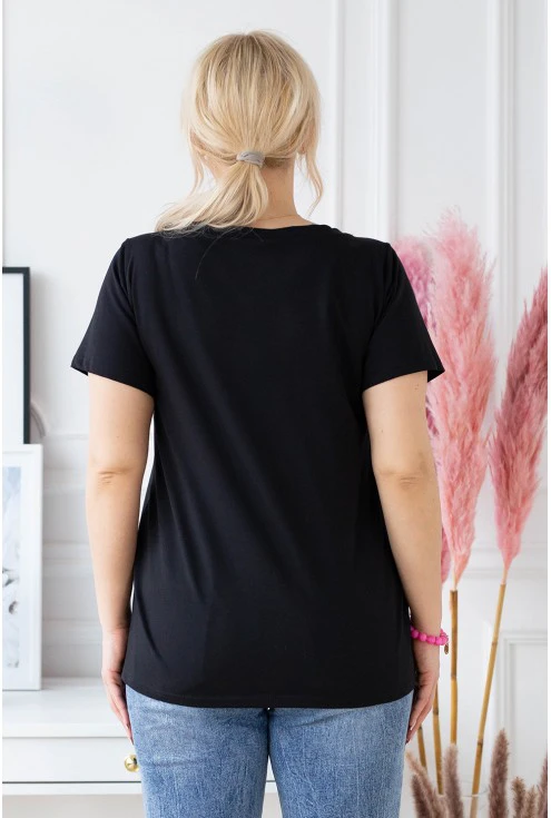 Czarny t-shirt plus size z krótkim rękawem - wzór sowa - SASHA