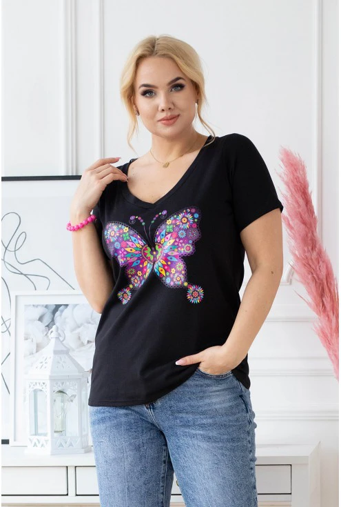 modny t-shirt plus size z nadrukiem w kształcie motyla