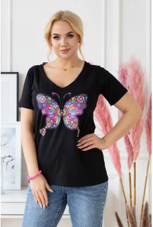 Czarny t-shirt plus size z krótkim rękawem - wzór motyl - SASHA