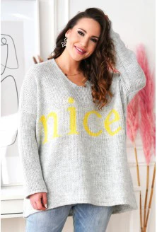 Szary sweter z żółtym napisem - NICE