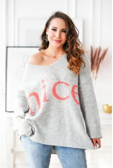 Szary sweter z pomarańczowym napisem - NICE