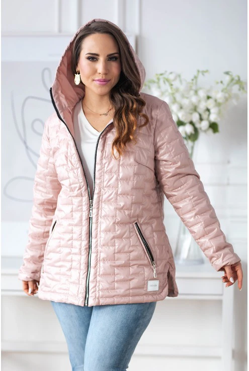 różowa pikowana kurtka z kapturem plus size