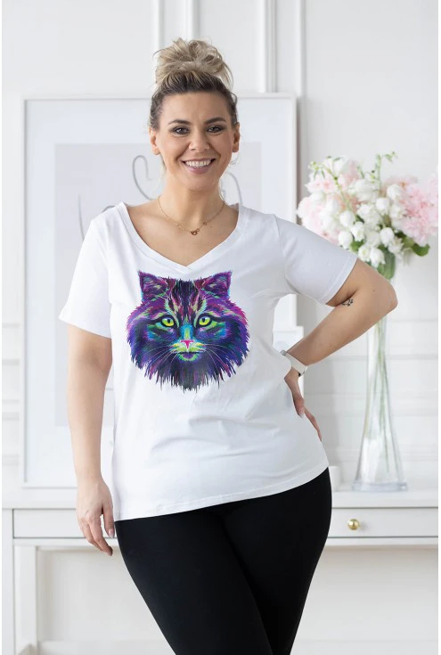 biały t-shirt sasha z kotem plus size