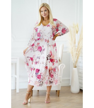 Kremowa sukienka z siateczki z różami - Sintia