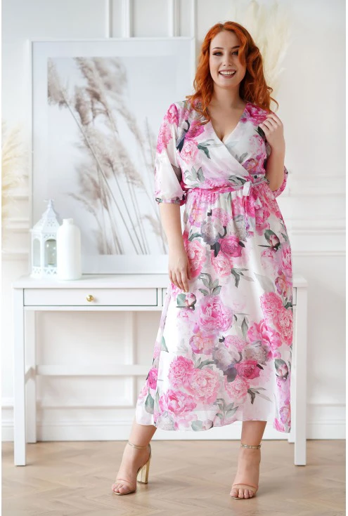 Kremowa sukienka maxi w duże kwiaty
