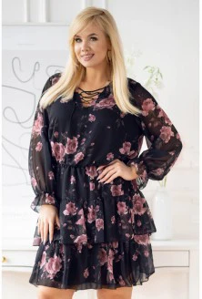 Granatowa sukienka z szyfonu plus size w róże  - LITIA