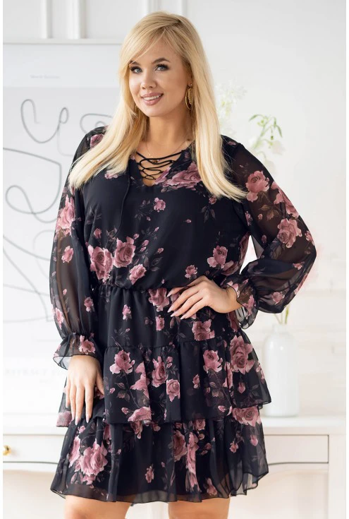 Grantowa sukienka z szyfonu plus size w róże  - LITIA