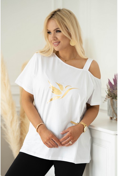 biała bluzka XXL ze złotym kolibrem