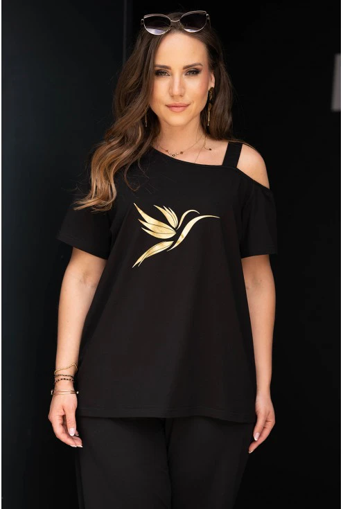 Czarna bluzka na ramiączko ze złotym kolibrem xxxl