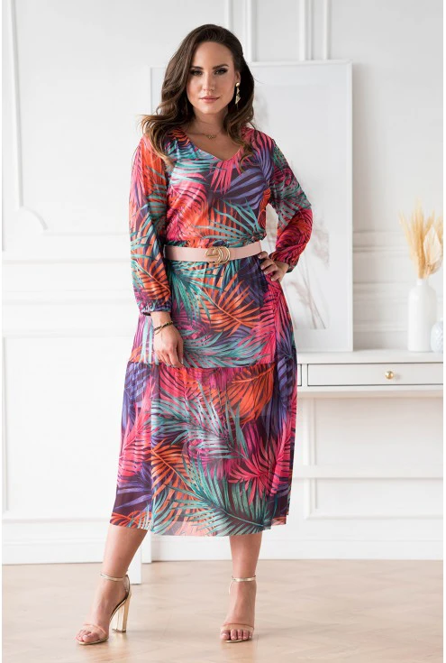 Fioletowa sukienka z siateczki w kolorowe liście plus size dla kobiet
