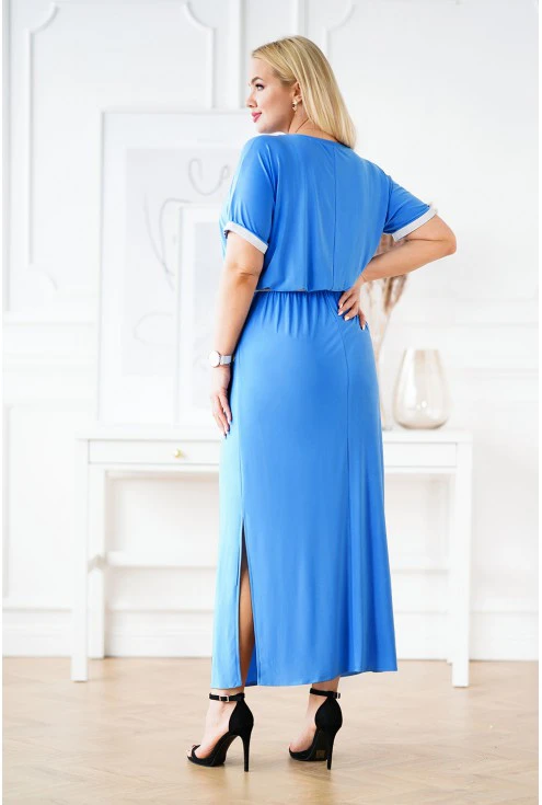 Niebieska długa sukienka ze srebrnymi taśmami xxl