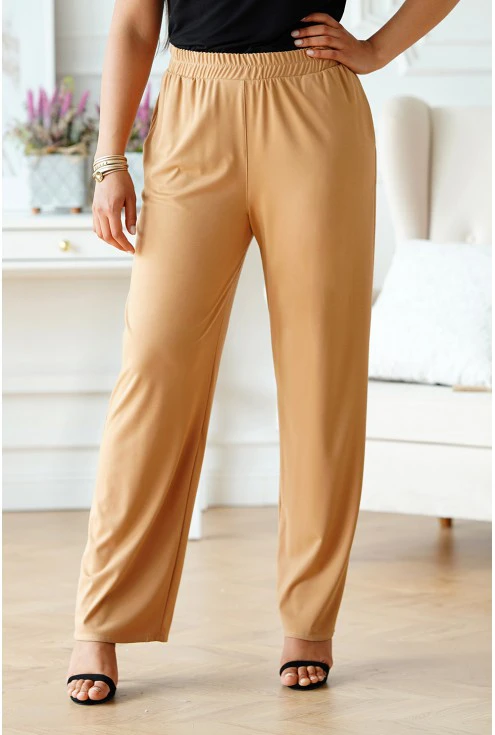 Beżowe spodnie z szeroką nogawką z gumką w pasie - Santori