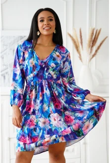 Chabrowa sukienka w kolorowe kwiaty z falbankami - Renes