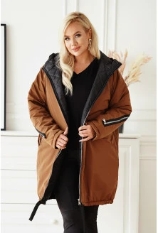 Brązowa długa kurtka jesienna - zimowa z ozdobnym suwakiem na plecach - STACY