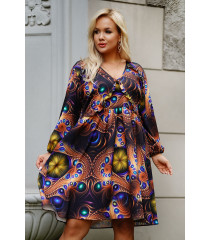 Brązowa sukienka w kolorowy wzór z falbankami - Renes