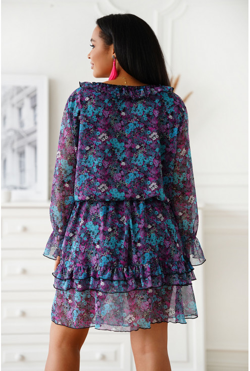 Zwiewna sukienka w fioletowe i niebieskie kwiaty - Terina
