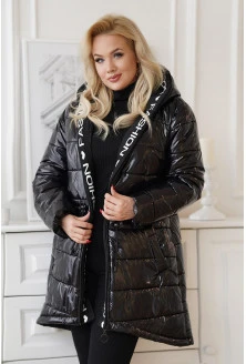 Czarna długa zimowa lakierowana pikowana kurtka z kapturem - Darina