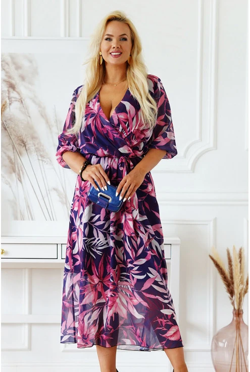 Fioletowa sukienka maxi z kopertowym dekoltem
