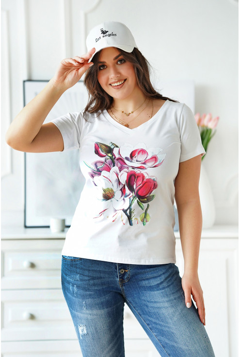 Biały t-shirt wzór kwiaty magnolii