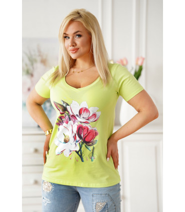 Limonkowy t-shirt plus size z krótkim rękawem - wzór kwiaty magnolii - SASHA