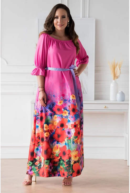 Różowa sukienka maxi z kwiatowym dołem - PANDORA
