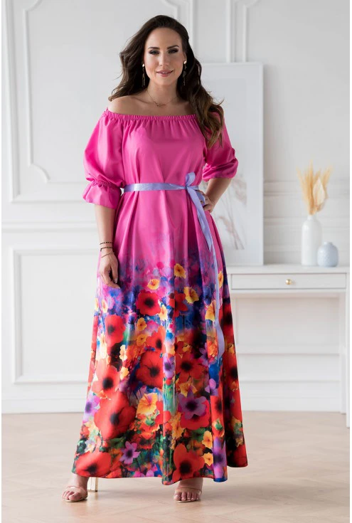Różowa sukienka maxi z kwiatowym dołem - PANDORA xxl plus size