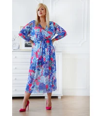Różowa siateczkowa sukienka w niebieskie kwiaty - Roseli